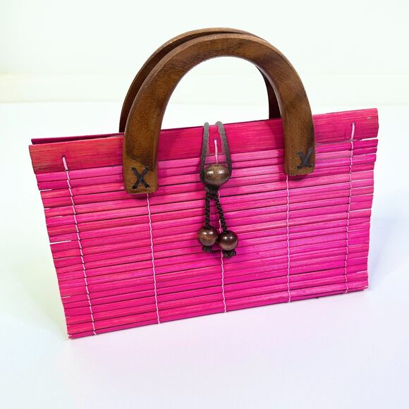 Unbranded Handbag Pink Bamboo Wood Handles Tote Purse Boho 10 x 6 x 4 NWOT - Picture 1 of 6